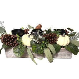 Rustic Farmhouse Woodlook Candle Centerpiece White Pumpkins Pine Cone Fall Decor